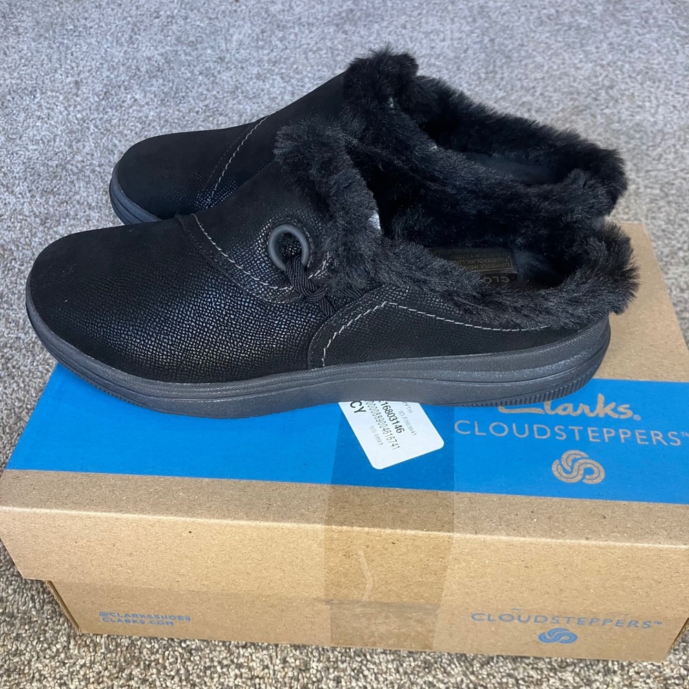 Clarks Cloudsteppers Breeze Myth Black Faux Fur Mules Womens 6 M 261841864035 - Picture 2 of 12